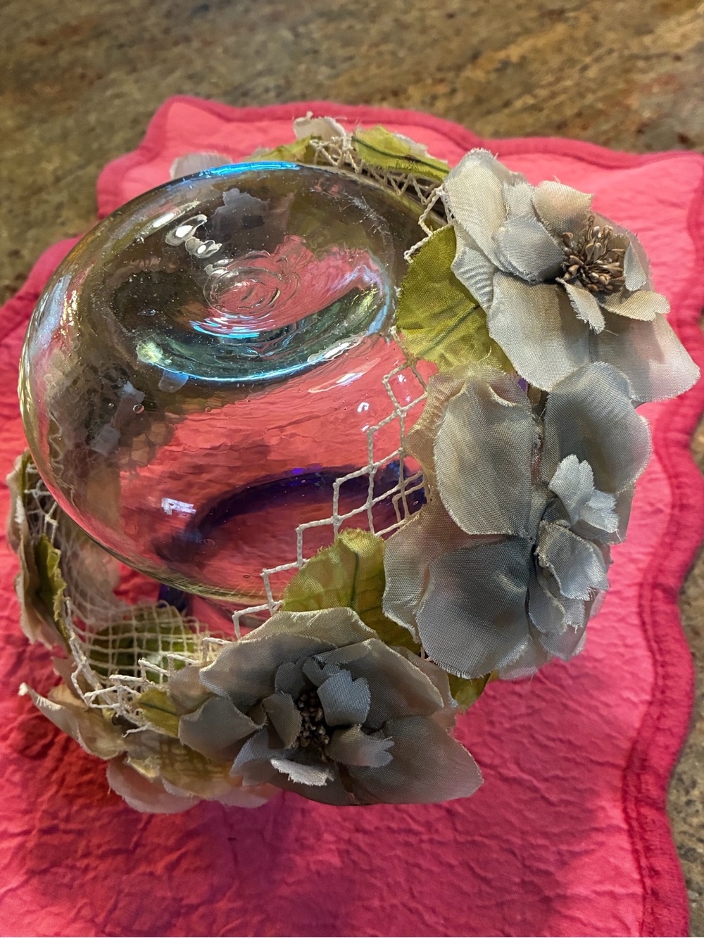 I. Offell Open crown frame hat with muted grey-blue/taupe silk flowers & netting